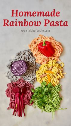 homemade rainbow pasta with vegetables on the side