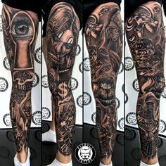 the legs are full of tattoos and designs, including an image of a man's face