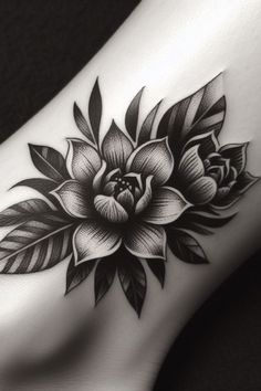 a black and white photo of a flower on the side of a woman's leg