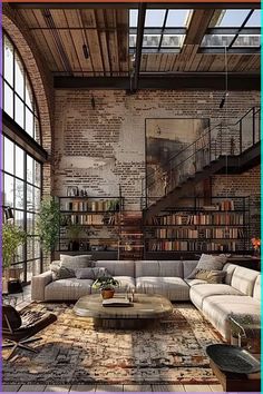 a living room filled with lots of furniture next to a tall window covered in books