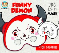 a red and white mask with black horns on it's face, next to the words funny demon for coloring