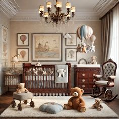 a baby's nursery with teddy bears and hot air balloons on the wall above it