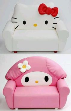 two pictures of hello kitty couches one has a flower on it and the other has a bow