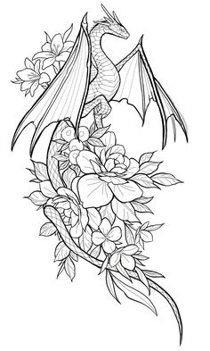 a black and white drawing of a dragon with flowers