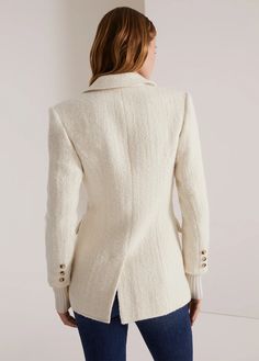 THE CITY BLAZER | Favorite Daughter Formal White Tweed Jacket For Winter, Fitted White Tweed Blazer, White Tweed Jacket For Winter Formal Occasions, White Tweed Jacket For Formal Winter Occasions, White Tweed Business Jacket For Fall, White Long Sleeve Tweed Jacket For Business, Chic Cream Tweed Blazer, Luxury Cream Blazer For Winter, White Wool Blazer With Lapel Collar