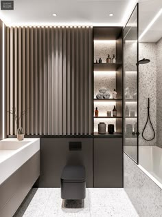 a modern bathroom with white and gray walls, flooring and shelves on the wall