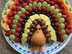 a turkey made out of fruit on a plate