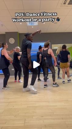 a group of people in a dance class with the caption pov dance fitness workout or a party