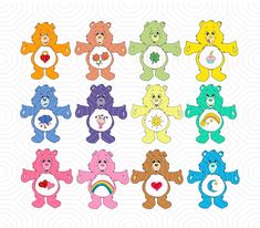 six different colored teddy bears with hearts on them