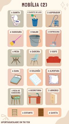 the spanish poster shows different types of furniture and objects in various colors, sizes and shapes