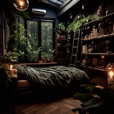 a bed in a room with lots of plants and candles on the table next to it