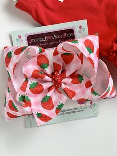 Strawberry Hairbow 6” - Darling Little Bow Shop Birthday Hair Bows 1st, Strawberry Stuff, Strawberry Outfit, Strawberry Things, Strawberry Watercolor, Strawberry Shortcake Birthday, Strawberry Shortcake Party, Strawberry Farm, Girl 1st Birthday