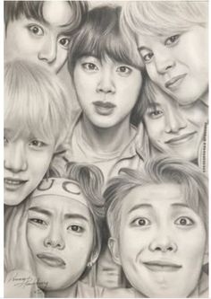 a pencil drawing of some people with their faces close to one another and looking at the camera