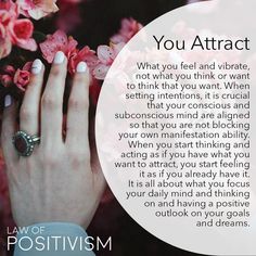 a woman's hand with pink flowers in front of her and the words you attract