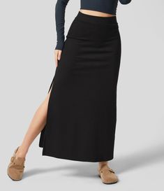 Women’s Ribbed High Waisted Split Hem A Line Maxi Casual Skirt - Halara Everyday Skirts, High Waist Fashion, Bleach Wash, Henley Top, Casual Skirt, Bottom Clothes, Spending Money, Split Hem, Long Sleeve Casual