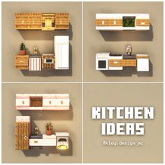 four shelves with different types of kitchen items on them and the words kitchen ideas above them