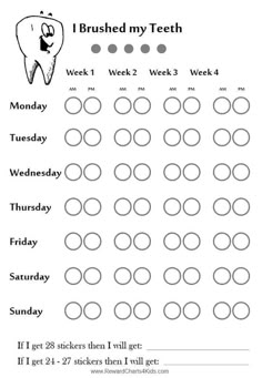 the worksheet for brushing my teeth is shown in black and white, with circles on