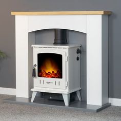 a white stove sitting in the corner of a room with a potted plant next to it