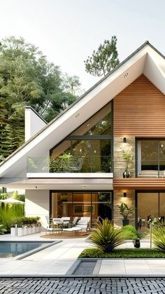 a modern house with a pool in the front yard