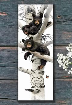 three black bears sitting on top of a tree with white flowers in the foreground