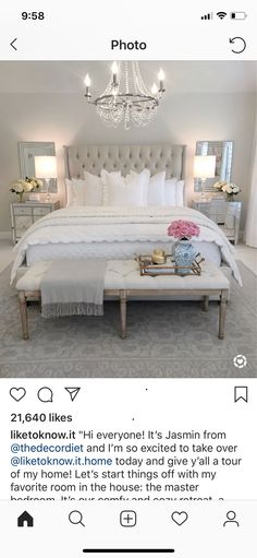 an instagram page with a bed and chandelier