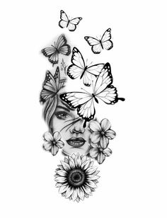 a woman's face surrounded by butterflies and flowers