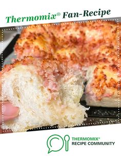 there is a piece of bread with meat on it and the words thermomiia fan - recipe