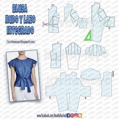 the front and back of a blouse sewing pattern, with instructions for how to sew it