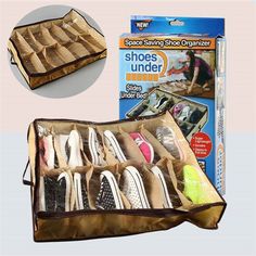 an open shoe organizer with shoes in it and the box next to it that has several pairs of shoes inside