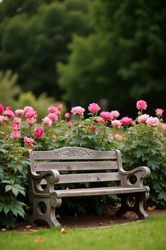 a park bench in the middle of a flower garden with pink roses growing behind it