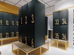 the lockers have numbers on them and are black with gold trimmings,