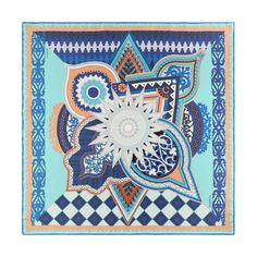 a blue and orange square scarf with an intricate design