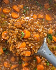 a ladle filled with lentils and carrots