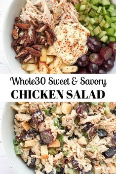 chicken salad with grapes, celery, and pecans in a white bowl