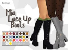 two women wearing high heeled boots with polka dots on them and the words ma lace up boots