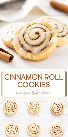 cinnamon roll cookies on a plate with cinnamon sticks