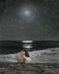 a painting of two people sitting on the beach at night