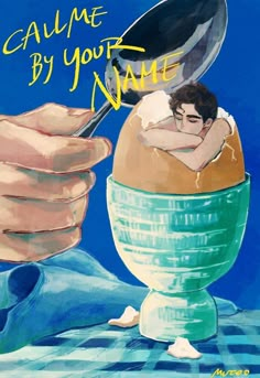 a painting of a man laying in an egg shell with the words calme by your name on it