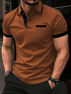 Camiseta Polo De Manga Corta Para Hombre Con Bloqueo De Color Marrón Casual  manga corta Tela tejida Liso  Elástico Alto Todo Men Clothing, size features are:Bust: ,Length: ,Sleeve Length: Mens Business Casual, Mens Business Casual Outfits, Stylish Men Casual, Business Casual Men, Color Shorts, Business Casual Outfits, Men Clothing, Short Sleeve Polo, Mens Polo Shirts