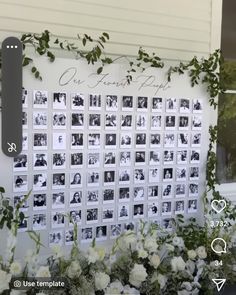 a photo collage with flowers and greenery on the side of a house in front of a window