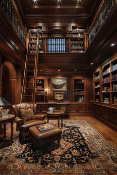 a living room filled with furniture and bookshelves next to a stair case full of books