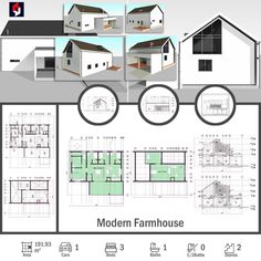 the floor plan for a modern farmhouse house with three levels and four rooms, all in one