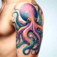 an octopus tattoo on the arm and shoulder is shown in this artistic photo, it appears to be painted with watercolors