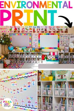 an image of a classroom setting with the words environmental print on it and pictures of children's books