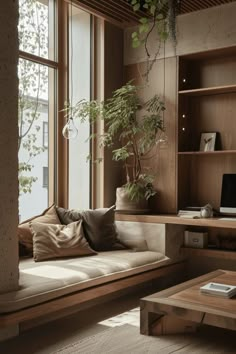 a living room filled with lots of wooden furniture and plants on top of windowsills