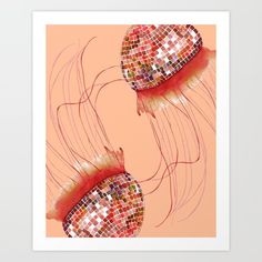 two jellyfishs with red, orange and pink colors are featured in this art print