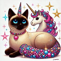 a siamese cat is sitting next to a unicorn with pink hair and blue eyes