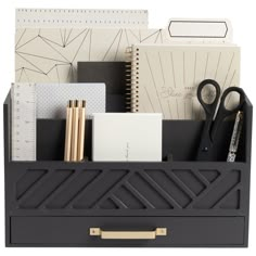 a black desk organizer with office supplies in the bottom section and gold handles on top