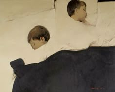 two children are sleeping on a bed with white sheets and black pillow covers, one boy has his head under the covers