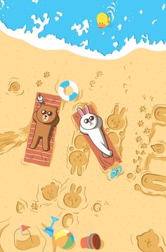 two cartoon animals are laying on the beach